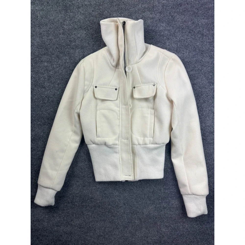 2b Bebe Cropped Bomber Jacket Womens XS White Ribbed Funnel Neck JK10083